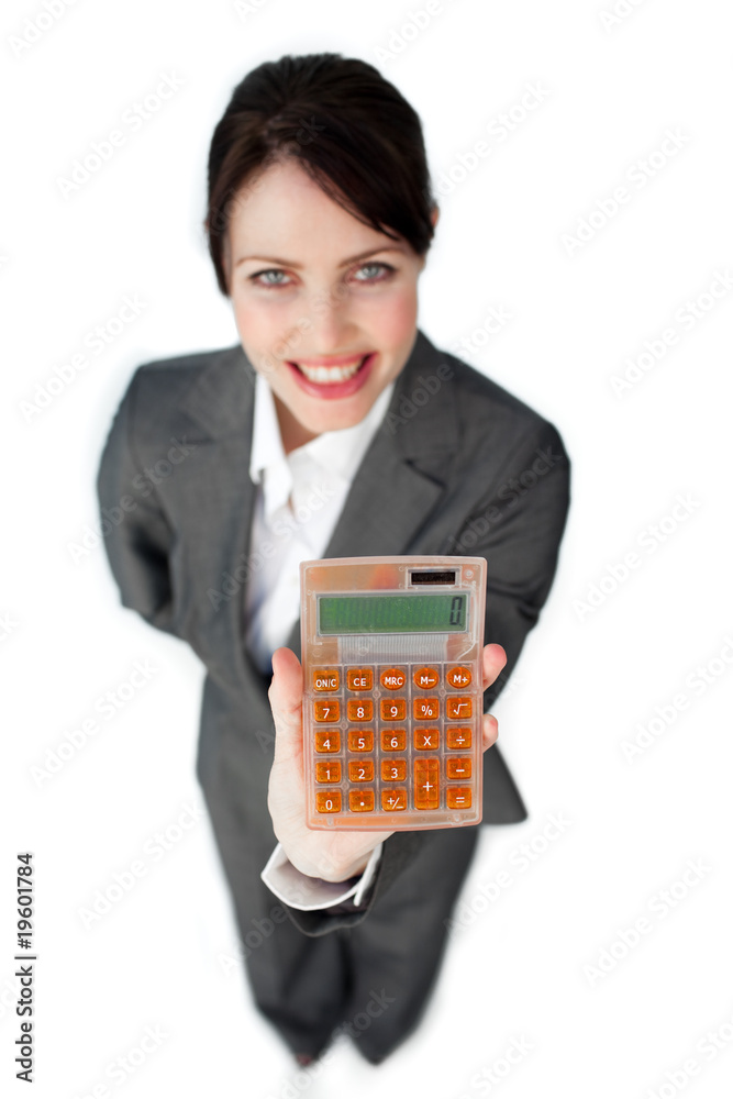 Cheerful businesswoman holding a calculator Cheerful businesswoman holding a calculator