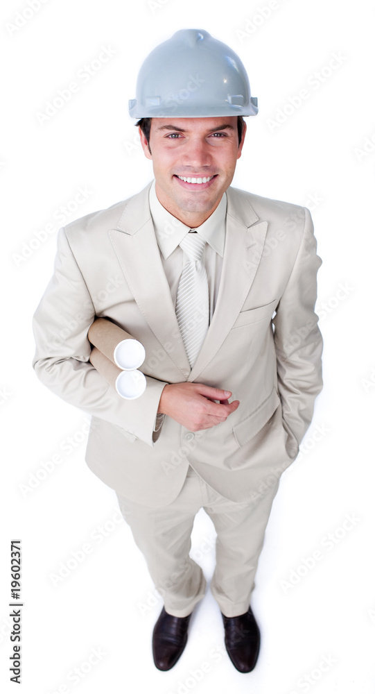 Confident male architect holding blueprints Confident male architect holding blueprints