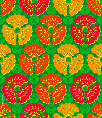 Vivid  colorful  repeating flower background on green