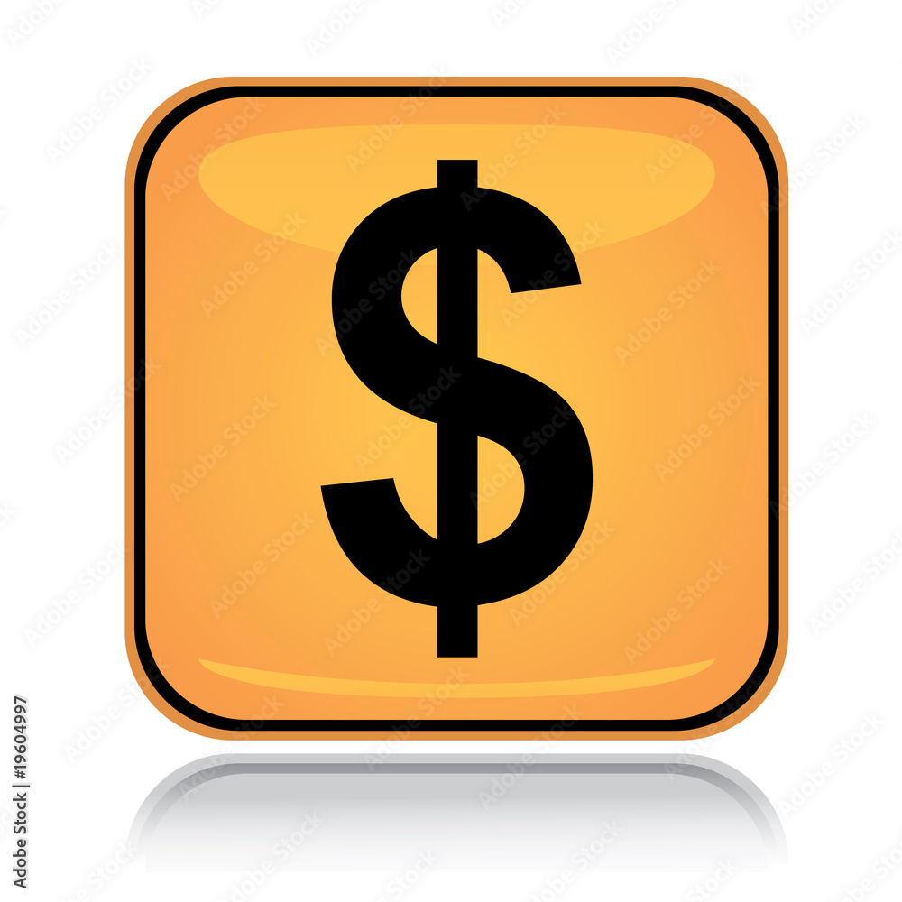 Yellow square icon american dollar with reflection over white Yellow square icon american dollar with reflection over white