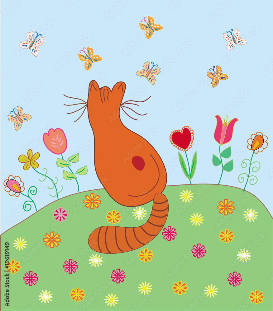 Plakat Cute card with cat and butterflies