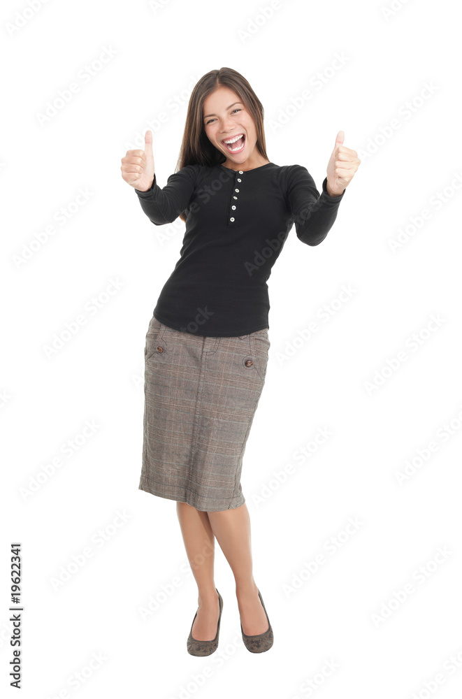 Happy businesswoman isolated giving thumbs up Happy businesswoman isolated giving thumbs up