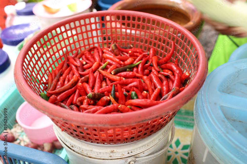 Bin with red chilli pepper on thai kitchen Bin with red chilli pepper on thai kitchen