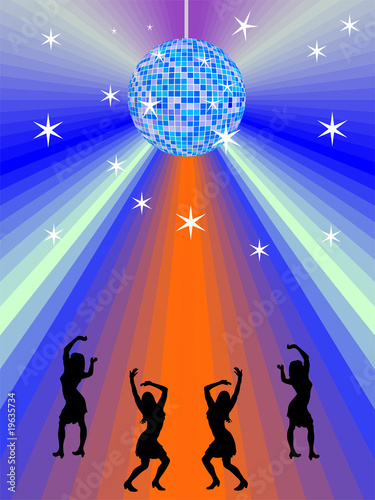 Frauensilhouetten unter Discokugel tanzend