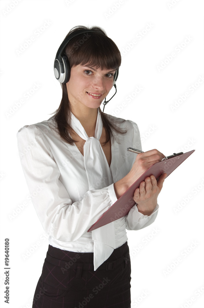 young smiling girl in white blouse with ear-phones. young smiling girl in white blouse with ear-phones.