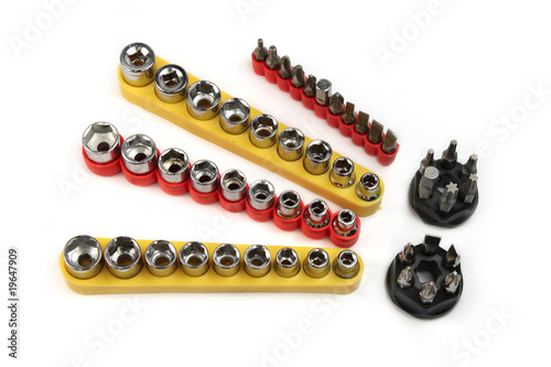 Kit of spanners and mouthpieces isolated