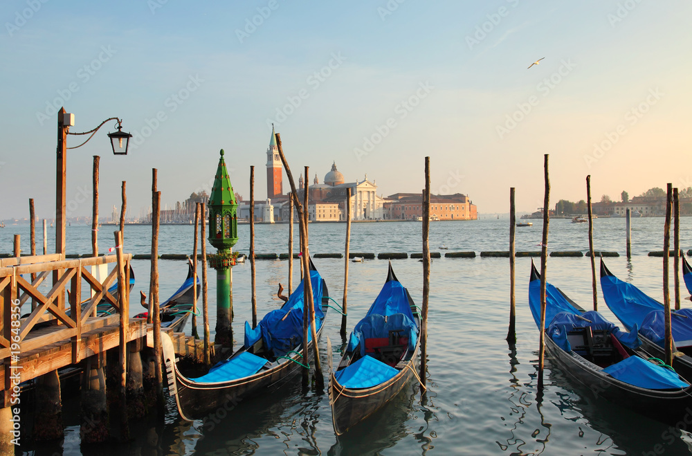 Gondolas in Venice at sunset
