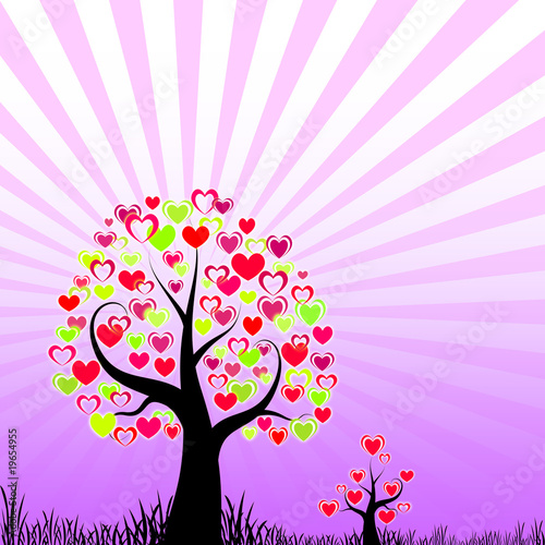 Abstract trees with hearts on pink purple background