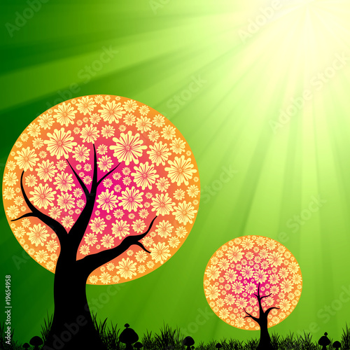 Abstract floral trees on green burst light background