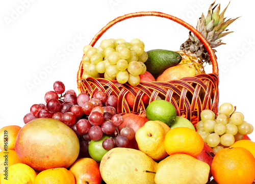 Fototapeta Naklejka Na Ścianę i Meble -  Group of colour fruit in basket. Isolated.