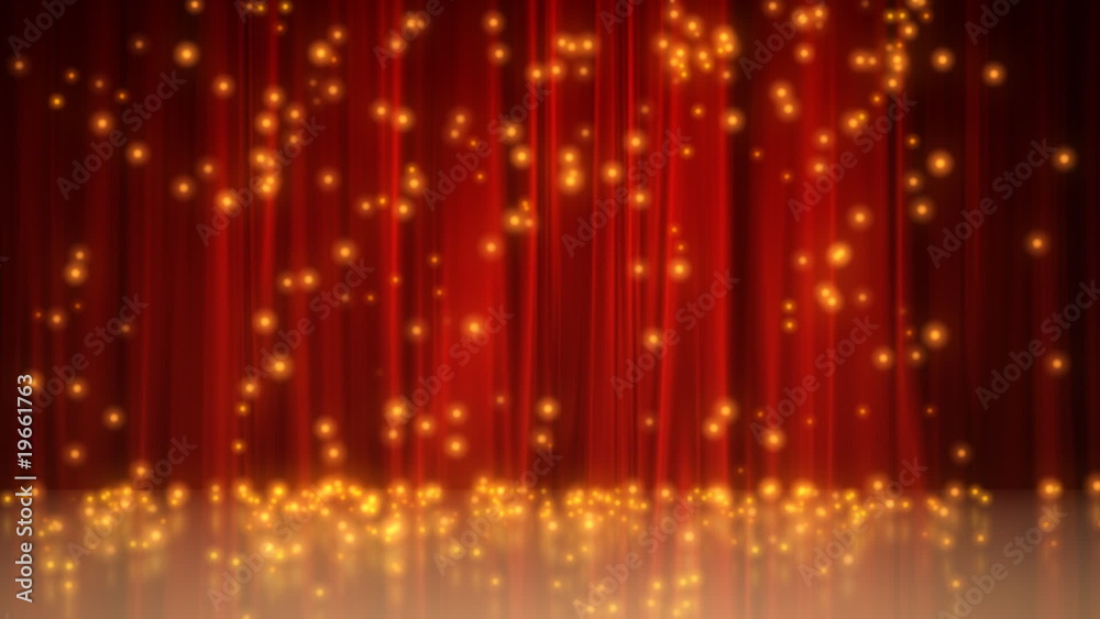 Red curtains with fireworks
