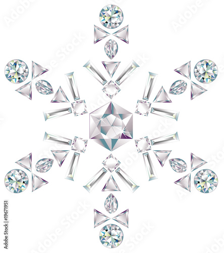 Snowflake made from different cut diamonds isolated on white