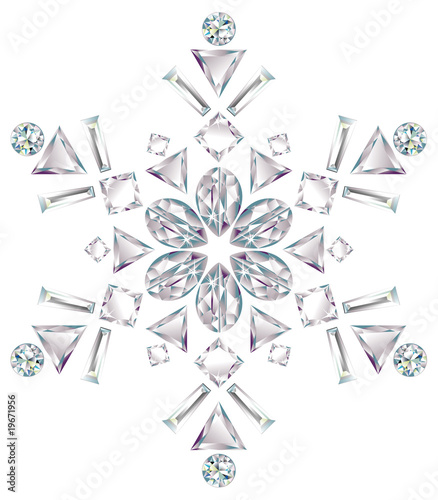 Snowflake made from different cut diamonds isolated on white