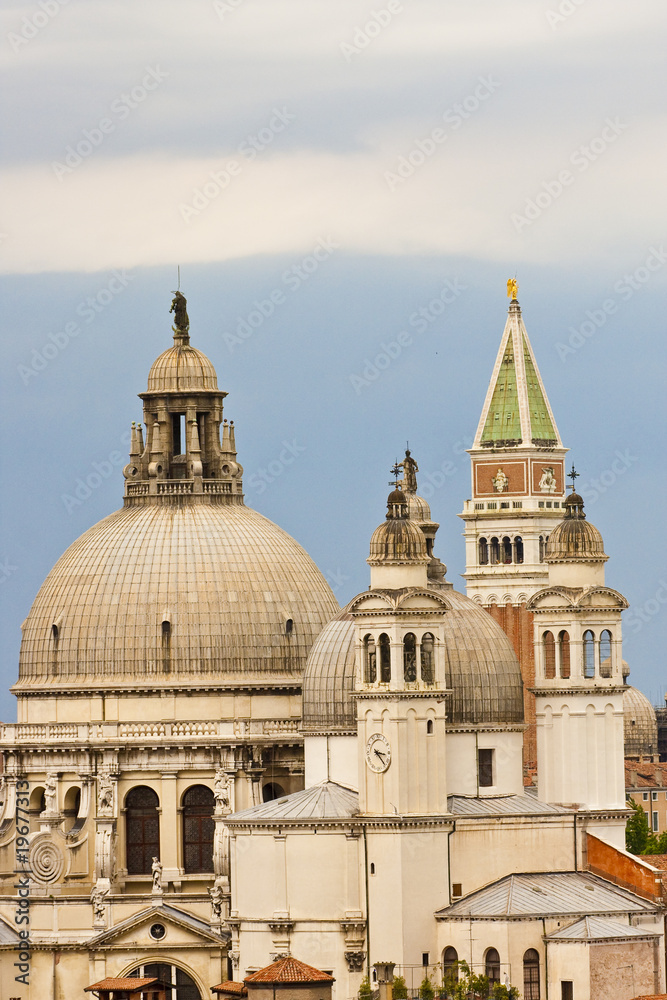 Domes and Bell Towers Against Blue Grey Sky