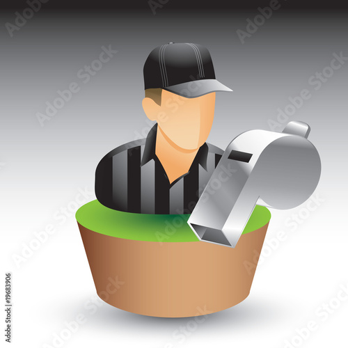 sports referee and whistle on green patch