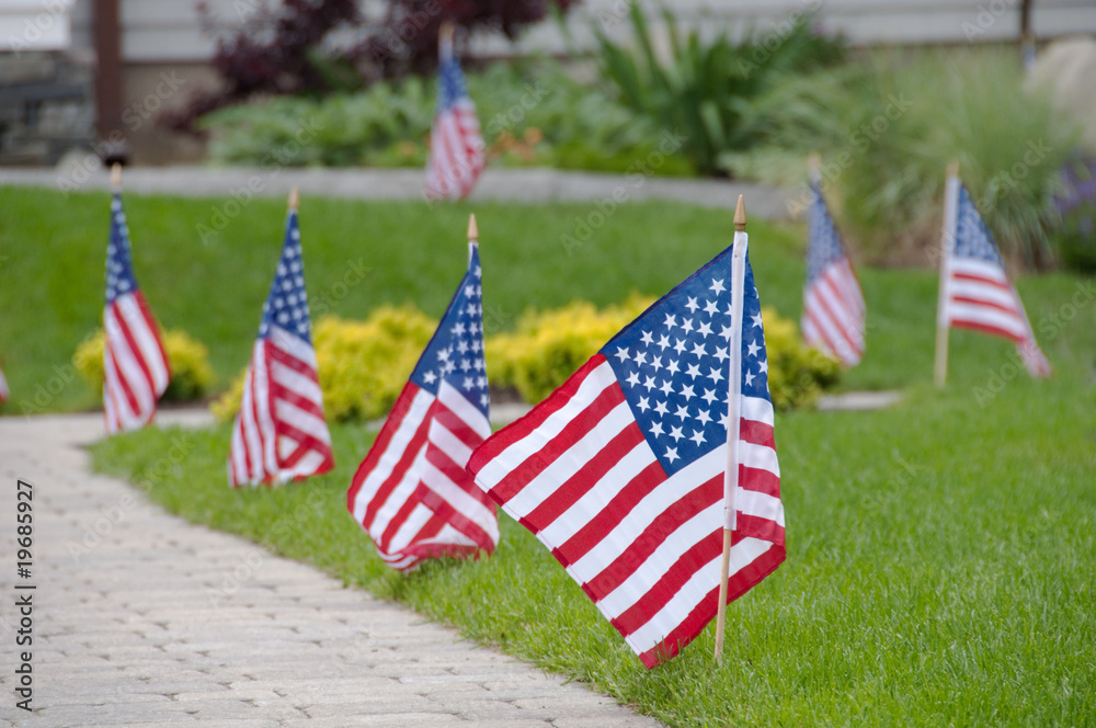 American Flags on Walkway & Lawn