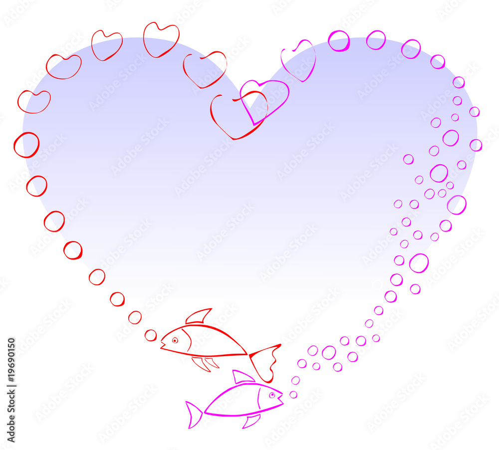 Two fish in love, making a heart with air bubbles