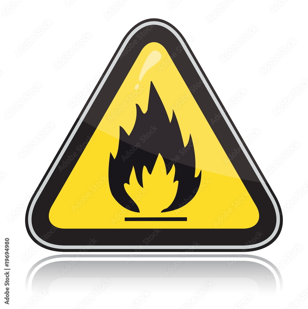 Yellow triangular warning sign. Attention flammable Yellow triangular warning sign. Attention flammable