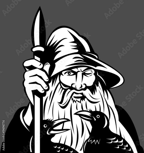 Norse God Odin holding spear with ravens