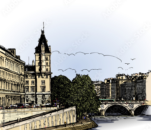 panoramic view of  river Seine Pont Neuf  bridge