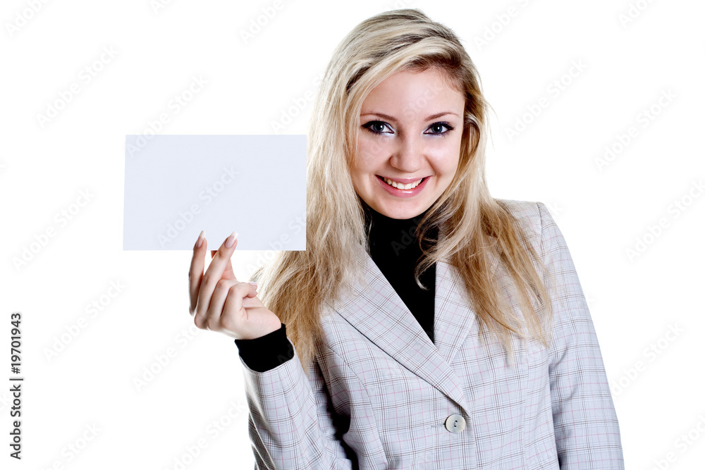 young business woman with business card young business woman with business card