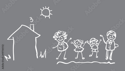 family icon vector banner, fake paper card, poster. 4 people and