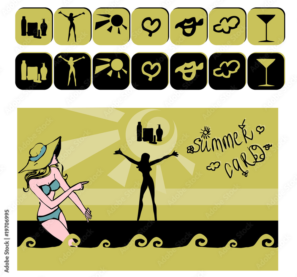 summer icons card with woman and web button vacation. Summer ban