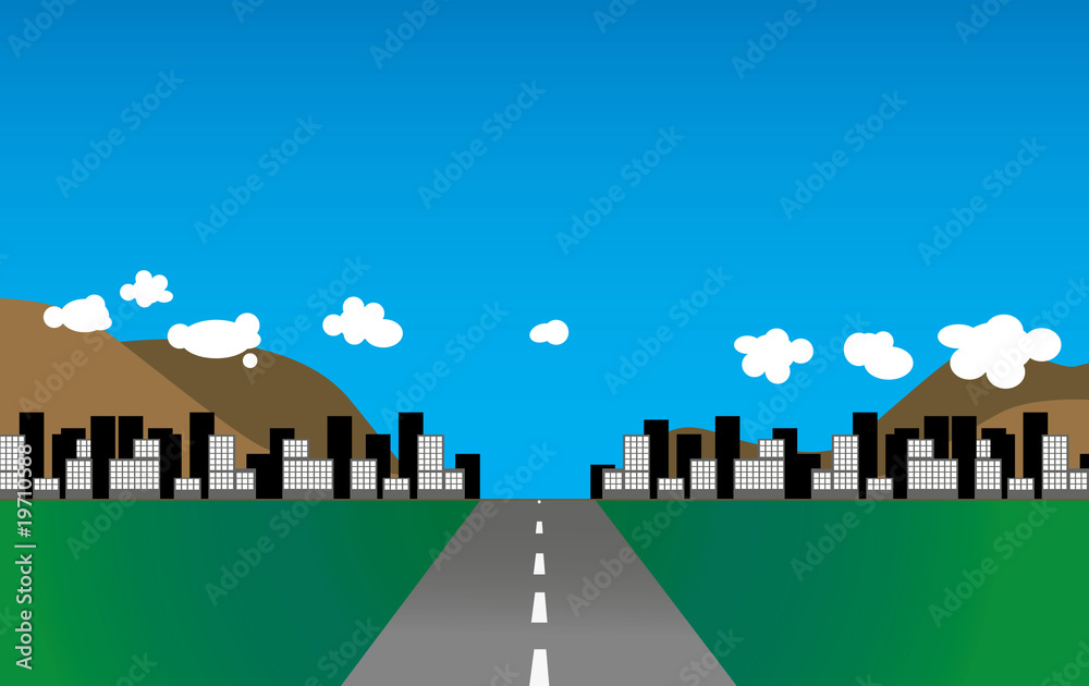 Illustration of a road leading to a city.