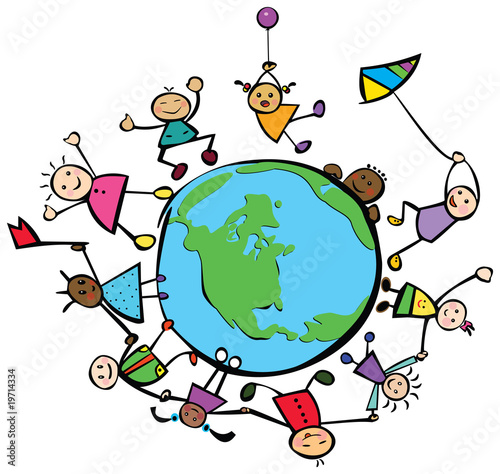 Happy children of different races around the Earth.