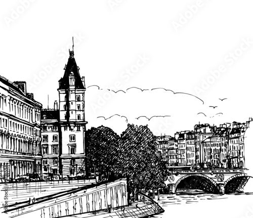 panoramic view of  river Seine Pont Neuf  bridge