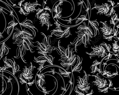 White floral sketch on a black background