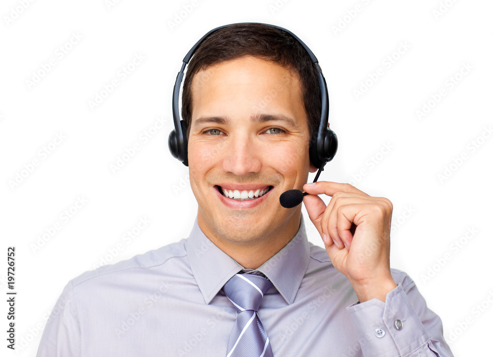 Confident customer service agent using headset Confident customer service agent using headset