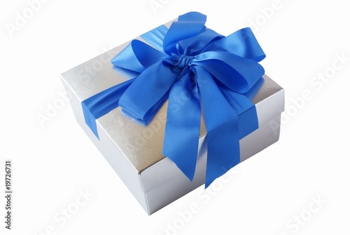 nice gift in silver box and blue ribbon