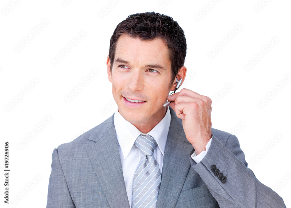 Positive customer service agent using headset Positive customer service agent using headset