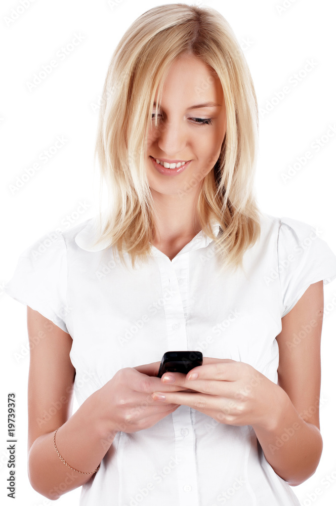 charming blonde businesswoman in a white shirt with phone charming blonde businesswoman in a white shirt with phone