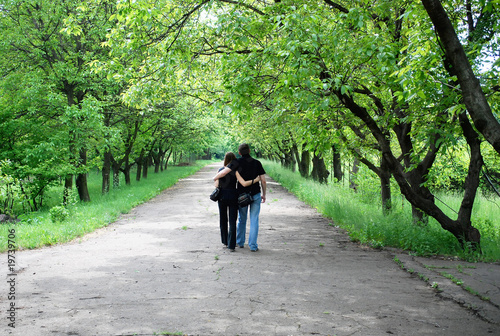 couple walks down the park alley