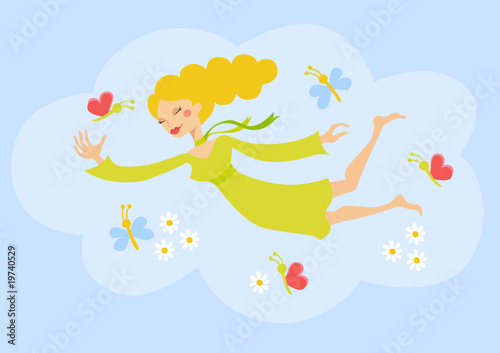 Frau schwebt im siebten Himmel-Frühling