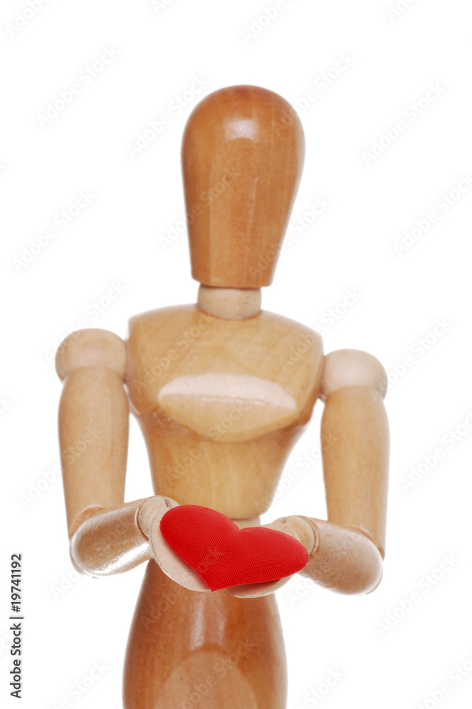 Wood Figure Holding Red Heart Focus Hands Wood Figure Holding Red Heart Focus Hands