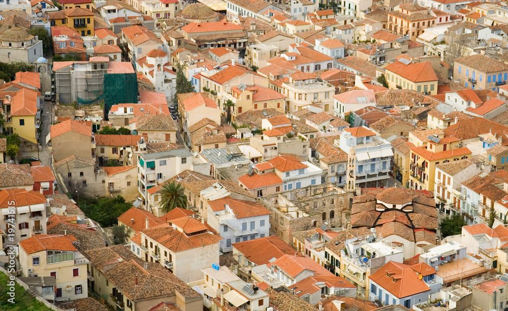 Bird view of central Nafplion with red tile roofs