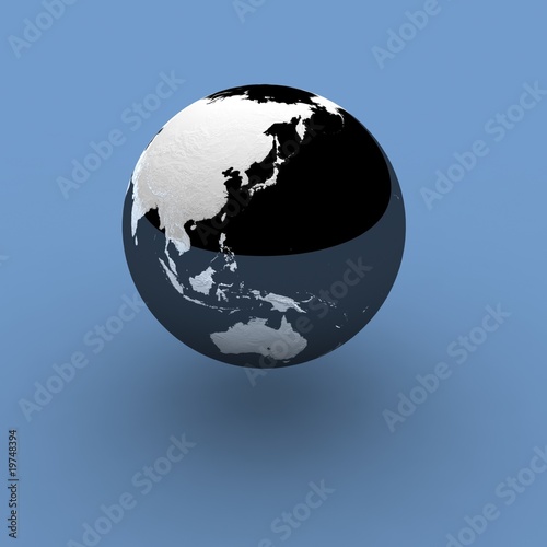 Globe on blue background with shadow and reflection