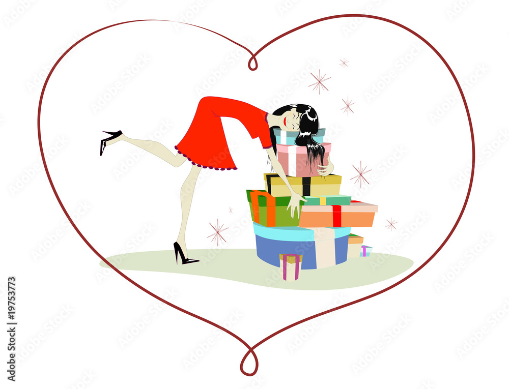 mujer feliz con vestido rojo abrazando regalos
