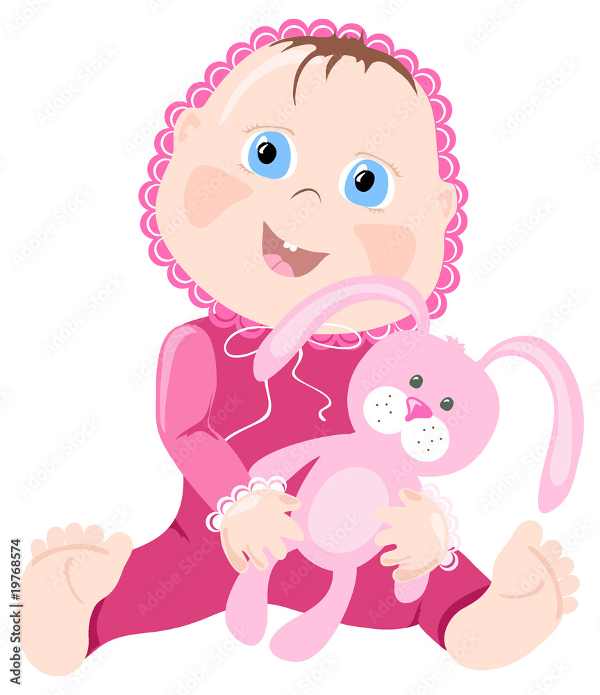 Vector illustration of baby in pink wear with bunny