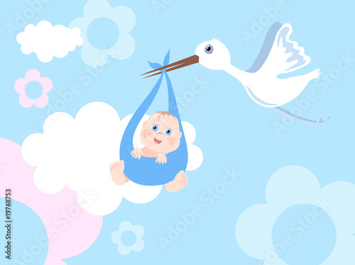 Vector illustration of stork with infant