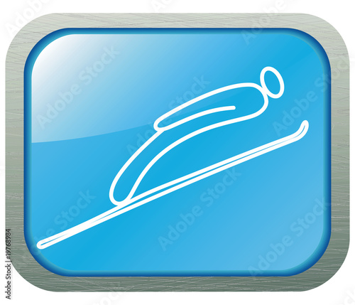 Ski springboard  jumper icon with metal texture boarder.