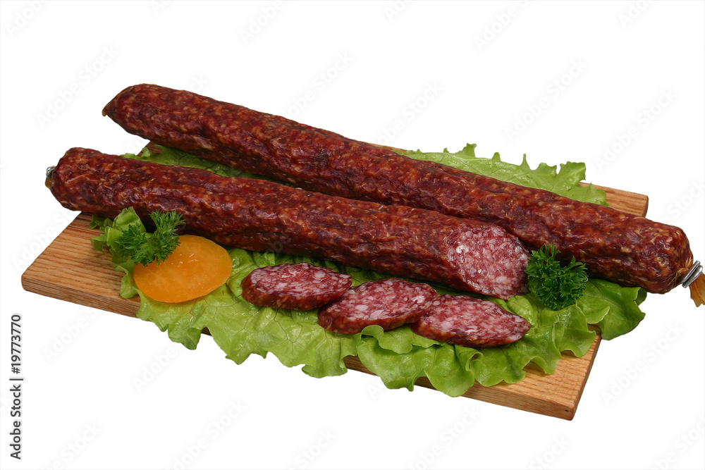 Smoked sausage on wooden board 2 Smoked sausage on wooden board 2
