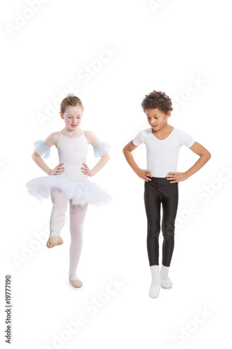 interracial children dancing together, isolated on white backgr