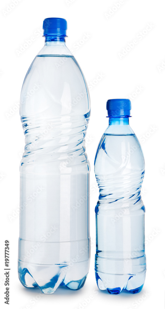 two blue plastical bottle with water isolated on a white backgro two blue plastical bottle with water isolated on a white backgro