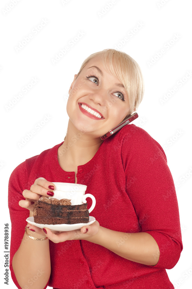 young blond woman holding a phone and cap of coffee young blond woman holding a phone and cap of coffee