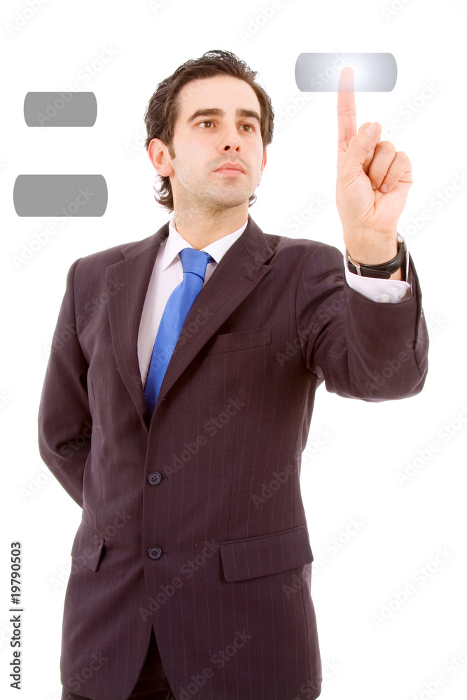young business man pressing a touchscreen button, isolated in wh young business man pressing a touchscreen button, isolated in wh