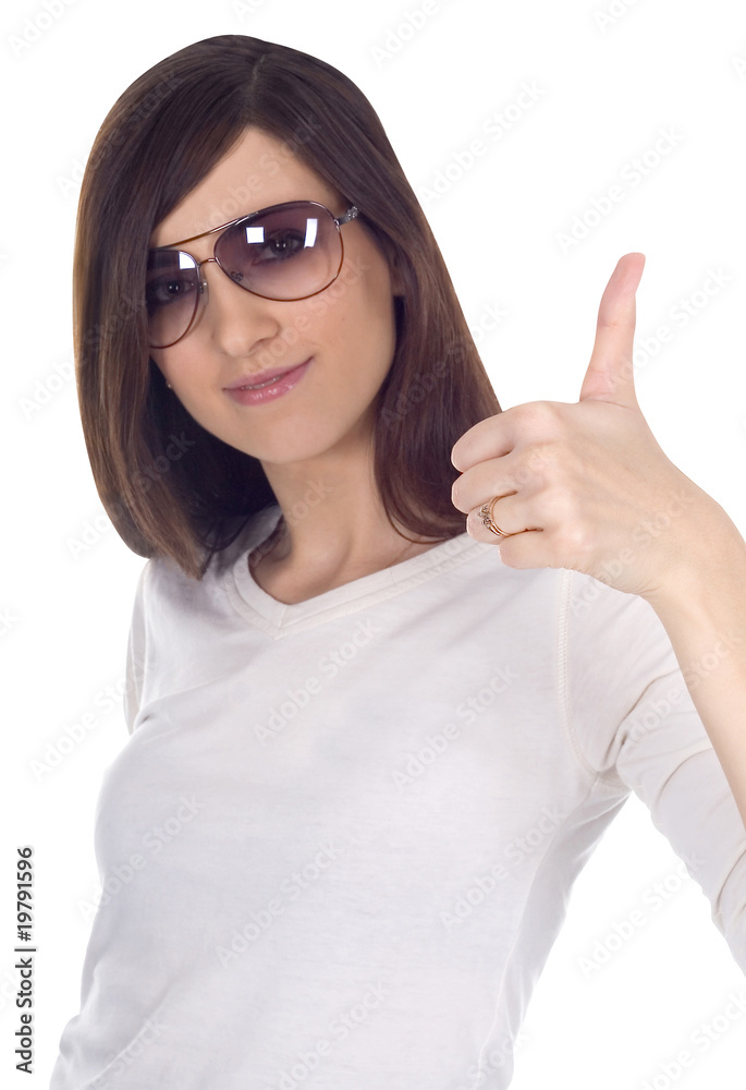 beautiful woman in sunglasses showing ok beautiful woman in sunglasses showing ok